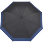 Top view of an open umbrella with a black canopy bordered by a blue edge, showing its eight-panel structure and a central hub.