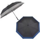Two umbrellas are shown. One is black with gray lining, opened and tilted in profile view. The other is fully opened in a top-down view, black with a blue edge. Both have straight handles.