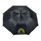 A black umbrella with the phrase Health Yourself and a yellow sun graphic on one of its panels. The umbrella is fully opened, showing its canopy from above.