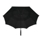 A black umbrella is open, showing its canopy supported by metal ribs. The handle is straight and textured for grip. The umbrella is pictured against a white background.