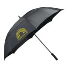 A black umbrella with a straight handle is shown. It features a yellow sun design and the words Health Yourself printed on one panel. The umbrella is open and displayed against a white background.