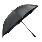A large, black, open umbrella with a straight handle is shown against a plain white background. The canopy is smooth and evenly spread, with eight panels and metal ribs visible underneath.