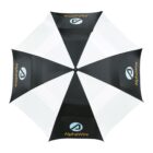 A top view of an umbrella with alternating black and white panels. The black panels feature the AlphaWire logo, which includes the brand name and a design resembling a stylized letter A.