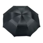 Black umbrella with multiple panels viewed from above, showing its open canopy in a symmetrical shape.