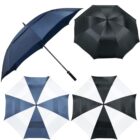 Four umbrellas are shown: one blue, one solid black, one with alternating black and white panels, and one with alternating blue and white panels, all open and displayed from different angles.