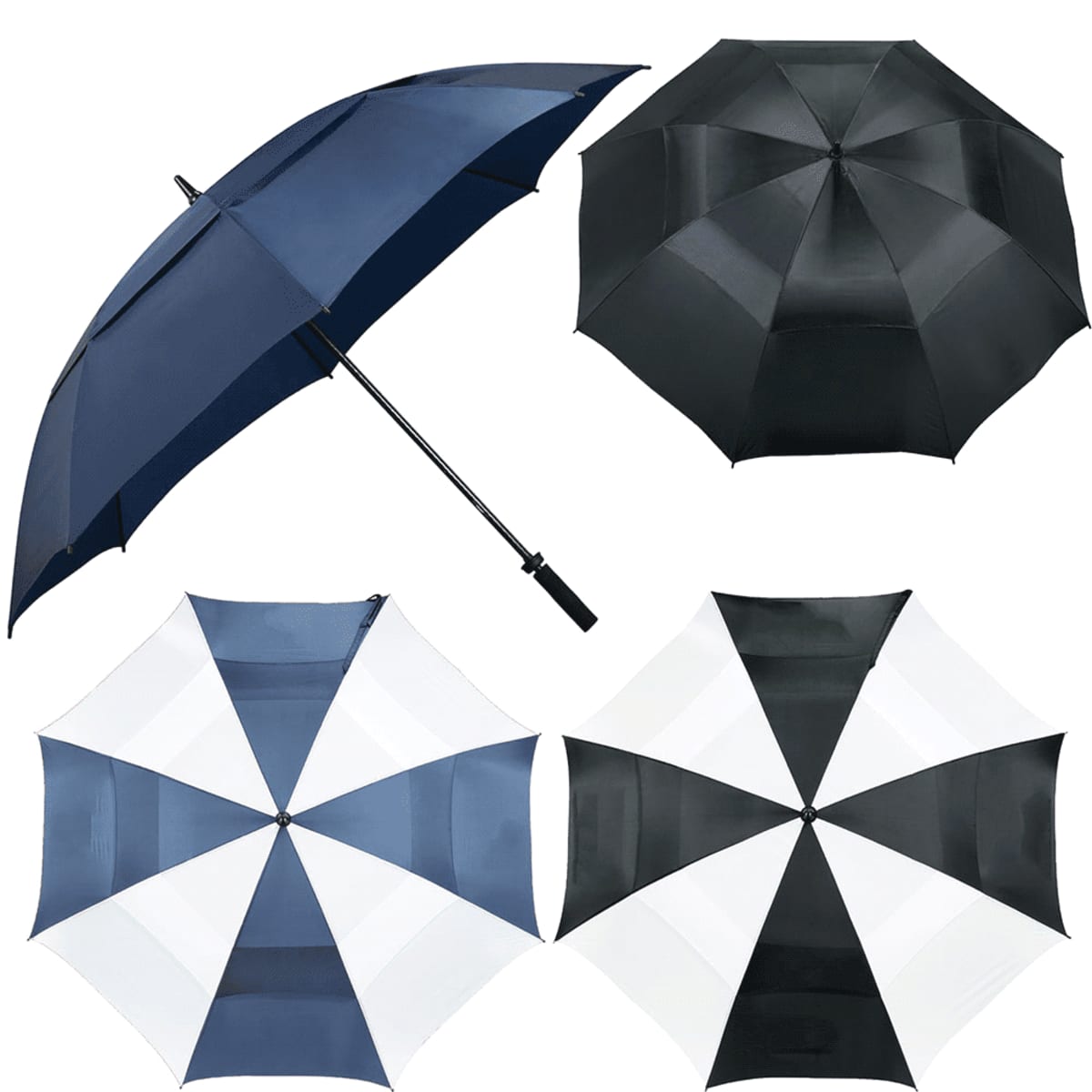 Four umbrellas are shown: one blue, one solid black, one with alternating black and white panels, and one with alternating blue and white panels, all open and displayed from different angles.