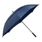 A large navy blue umbrella is open against a white background. It has a straight black handle and a wide, sturdy canopy designed for ample coverage.