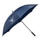 A large, dark blue umbrella with a logo featuring a diamond design and the text Paul Gross Jewelers. It has a straight black handle and a sturdy frame.