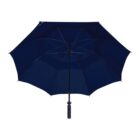 A fully opened dark blue umbrella with a straight, black handle, displayed against a plain white background.