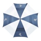 Top view of an open umbrella featuring alternating blue and white panels. Some blue panels have a sock graphic and the word GOLDTOE in a light color near the edge. The umbrella is in a neutral setting with no background.