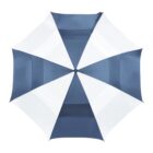 A top view of an open umbrella with alternating blue and white panels, displayed on a plain white background.