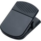 A black plastic chip clip with a wide, ribbed grip for secure clamping and a shiny finish. The clip is in a closed position, showing its strong spring mechanism and flat base, suitable for sealing bags.