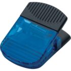 A blue plastic clip with a black rubber grip on top. The clip is open, displaying a metal spring mechanism. The design is compact and translucent, showing internal components. The clip is placed on a white background.