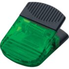 A green plastic and black rubber clip with a spring mechanism designed for holding papers or small items. The black section has a ribbed texture for grip.