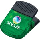 A green translucent clip with a black ridged handle, featuring a colorful circular logo and the text 3DEUS in white on the front.