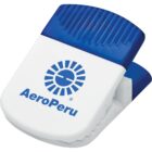 A blue and white magnetic clip featuring the logo and text AeroPeru. The top part is a ribbed blue handle, and the body is white with a circular symbol and AeroPeru printed below.