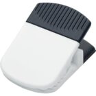 A white and black magnetic clip with a ribbed grip on the top. The clip appears to be used for holding papers or sealing bags, with a sturdy, spring-loaded mechanism.