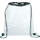 A transparent backpack with black drawstring straps and trim. The bag is empty and displayed against a plain white background.