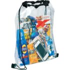A clear drawstring bag containing a magazine, a smartphone, sunscreen, a bottle of blue liquid, and a pack of Sport Beans. The magazine cover features a motocross rider. The bag has black strings.
