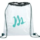 Clear drawstring backpack with black straps and trim, featuring a teal M logo on the front.