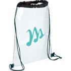 Clear drawstring backpack with black string straps and trim. It features a stylized teal M logo on the front.