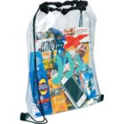 A transparent drawstring backpack containing sunscreen bottles, a white smartphone, a magazine, jelly beans, and a DVD case. The backpack has turquoise squiggly lines printed on the front.