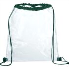A clear drawstring backpack with black strings and a reinforced black top edge. It has a simple, transparent design, allowing the contents to be visible. The bag is empty and seen against a plain white background.