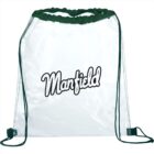 Clear drawstring backpack with Manfield printed in black script on the front. The bag has black drawstrings and a black trim at the top.