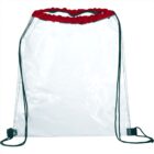 A clear drawstring backpack with black strings and a red trim around the opening. The bag is transparent, showing no contents inside.