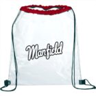 Clear drawstring backpack with black strings and a red top edge. The bag has the word Manfield in black script on the front.