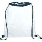 A clear drawstring backpack with black strings and trim. The main body is transparent, allowing visibility of the contents inside. The bag is set against a plain white background.