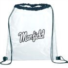 Clear drawstring bag with black strings and trim. The bag features the brand name Manfield in bold, stylized text on the front.
