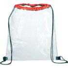 A clear drawstring backpack with black strings and red trim at the top. The backpack is empty, showcasing its transparent material.