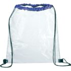 Transparent plastic drawstring backpack with black strings and a purple top edge, set against a plain white background.
