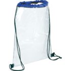 A transparent drawstring backpack with a blue trim at the top. The bag features black drawstrings for shoulder straps and closure. The clear material allows the contents to be visible, making it suitable for security checks or events with bag policies.