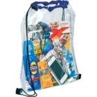 Clear drawstring backpack containing a magazine, smartphone, sunglasses, sunscreen, sport drink, and snacks. The bag has black strings and a blue top edge.