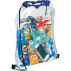 A clear backpack with black drawstrings containing a magazine, sunscreen bottle, sport bean packet, and a smartphone. The bag features a blue wavy design.