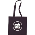 A black tote bag with long handles features a white circular logo in the center. The logo includes the word safe in bold letters, and the phrase see. act. fix. everyday. written underneath.