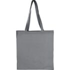 A plain gray tote bag with long handles against a white background.