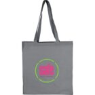 Gray tote bag with long handles featuring a circular design on the front. Inside the circle, the word safe is written in pink, surrounded by a green ring. Text below reads see. act. be. everyday.