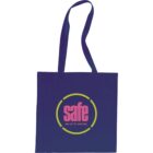 A navy tote bag with long handles. The front features the word safe in bold pink letters, surrounded by a yellow circle. Below safe, it reads see. act. fix. everyday.