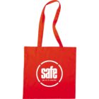 A bright red tote bag with long handles. The front features a white circular logo enclosing the word safe in bold letters, with the slogan see. act. fix. everyday. written below.