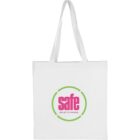 A white tote bag with long handles features a circular green outline enclosing the word safe in large pink letters. Below, smaller text reads see. act. fix. everyday.
