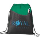 A drawstring backpack with a green top and black bottom featuring the words Royal Holiday in blue. It has a front pocket holding two pens and a mechanical pencil. The bags string is black and it has a modern design.