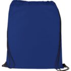A blue drawstring backpack with black strings, displayed against a clear background, showing its front side.