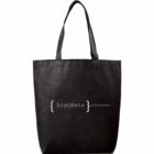 A black tote bag with the text { brackets } orthodontology printed in white on the front. The bag has two straps for carrying.