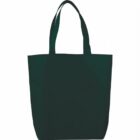 A plain, dark green tote bag with two handles, displayed against a white background.