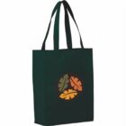A dark green tote bag with two handles. The front features a circular design with three stylized leaf shapes in green, orange, and yellow.