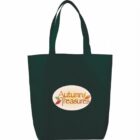 A dark green tote bag with two handles, featuring an oval logo that reads Autumn Treasures with leaf designs on either side.