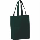 A plain, dark green tote bag with two long handles stands upright against a white background.